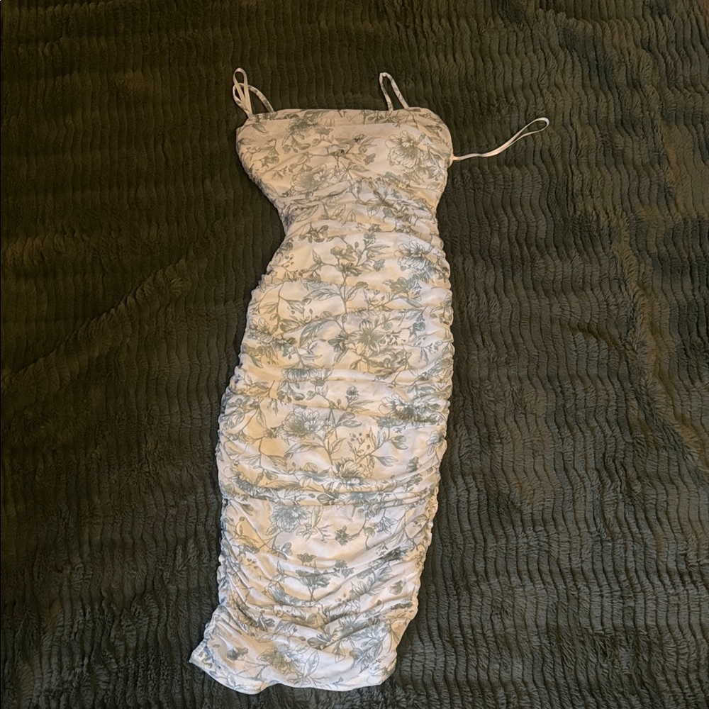 Windsor Elegant White and Green Ruched Midi Dress